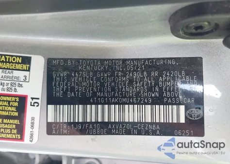 2021 Toyota Camry Le from USA, damaged, VIN 4T1C11AK0MU467249